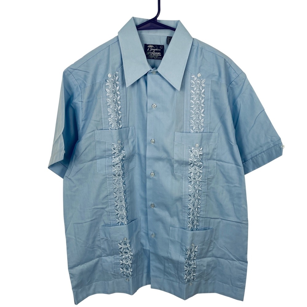 Haband Guayabera Shirt Mens Large Blue Short Sleeve Embroidered Pintuck Pleated